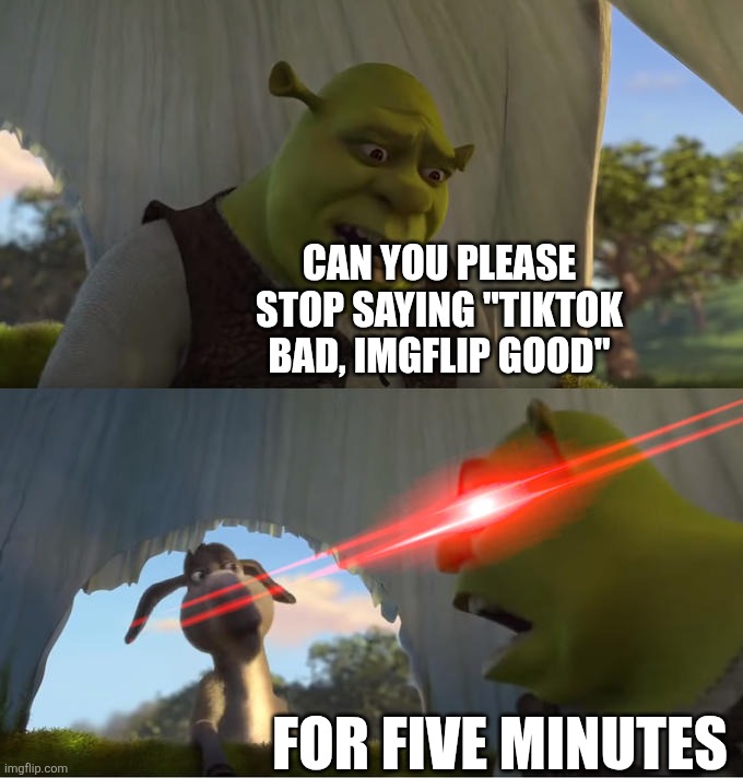 Not that I like TikTok, but please stop hating on TikTok in the grand 26 | CAN YOU PLEASE STOP SAYING "TIKTOK BAD, IMGFLIP GOOD"; FOR FIVE MINUTES | image tagged in shrek for five minutes,memes,funny,tiktok | made w/ Imgflip meme maker