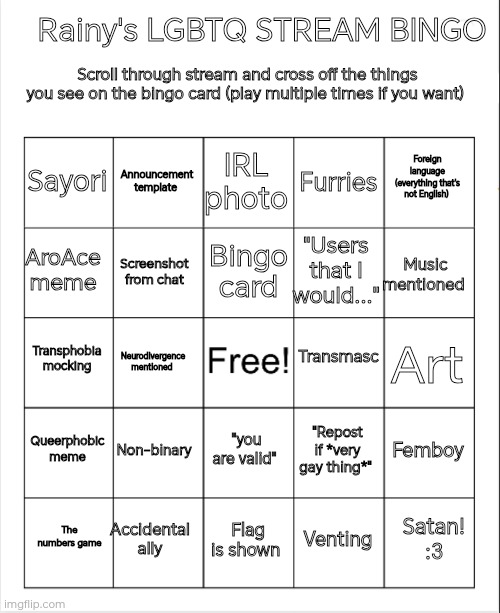 My new bingo, enjoy! :3 | Rainy's LGBTQ STREAM BINGO; Scroll through stream and cross off the things you see on the bingo card (play multiple times if you want); IRL photo; Announcement template; Foreign language (everything that's not English); Sayori; Furries; Bingo card; AroAce meme; Music mentioned; "Users that I would..."; Screenshot from chat; Transmasc; Transphobia mocking; Art; Neurodivergence mentioned; Queerphobic meme; Non-binary; Femboy; "you are valid"; "Repost if *very gay thing*"; Accidental ally; Satan! :3; The numbers game; Flag is shown; Venting | image tagged in blank bingo | made w/ Imgflip meme maker