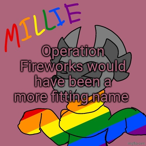 I may hate trump, but Operation Epic Fury was kinda tuff | Operation Fireworks would have been a more fitting name | image tagged in millie's fursona announcement template | made w/ Imgflip meme maker