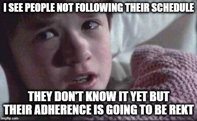 Follow Ur Schedule or Get Rekt | I SEE PEOPLE NOT FOLLOWING THEIR SCHEDULE; THEY DON'T KNOW IT YET BUT THEIR ADHERENCE IS GOING TO BE REKT | image tagged in memes,i see dead people,rekt,get rekt | made w/ Imgflip meme maker