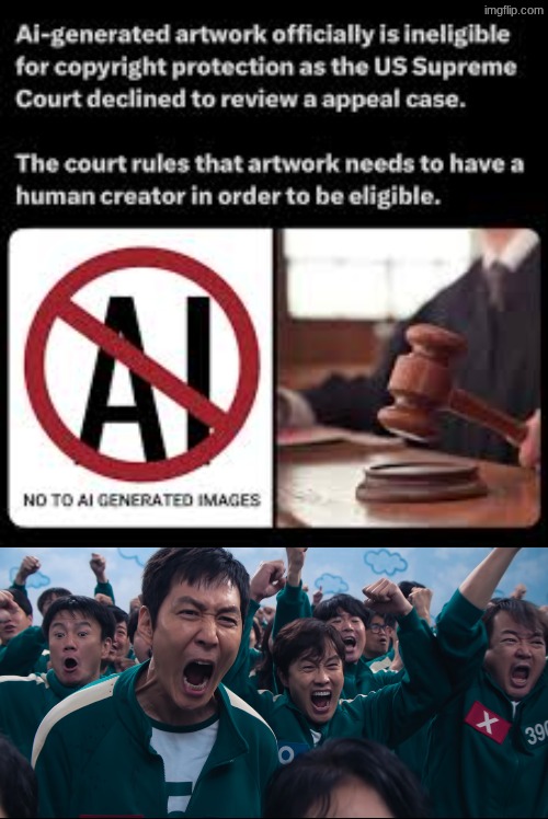 mfs cannot copyright and own ai generated art anymore | image tagged in squid game cheer | made w/ Imgflip meme maker