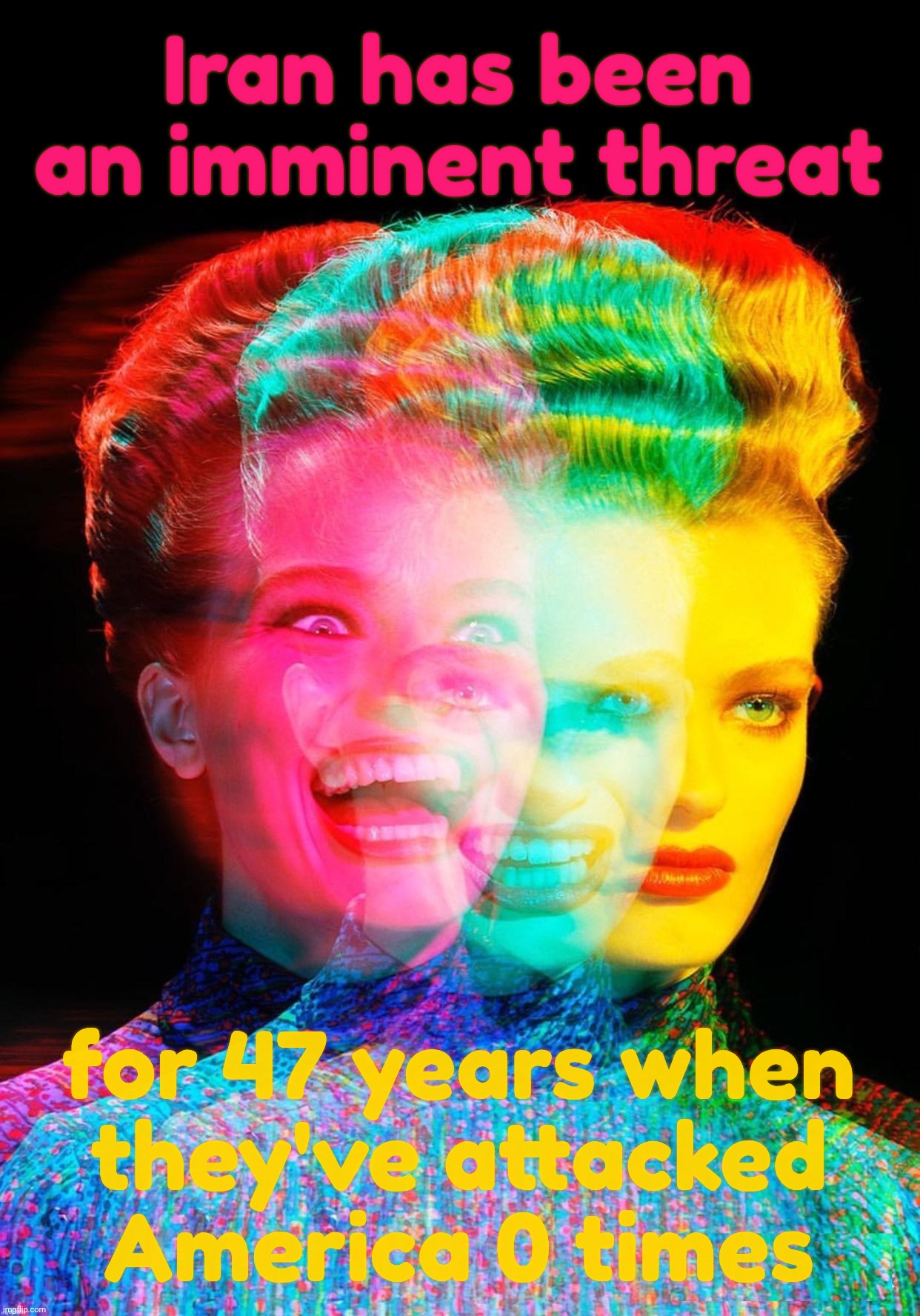 Hardy har har | Iran has been an imminent threat; for 47 years when
they've attacked
America 0 times | image tagged in hardy har har | made w/ Imgflip meme maker