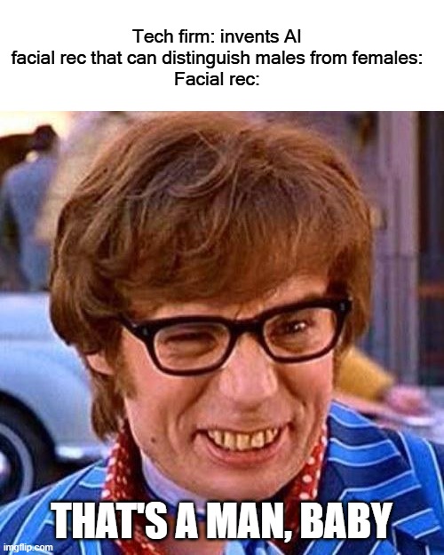 Austin Powers Wink | Tech firm: invents AI facial rec that can distinguish males from females:
Facial rec: THAT'S A MAN, BABY | image tagged in austin powers wink | made w/ Imgflip meme maker