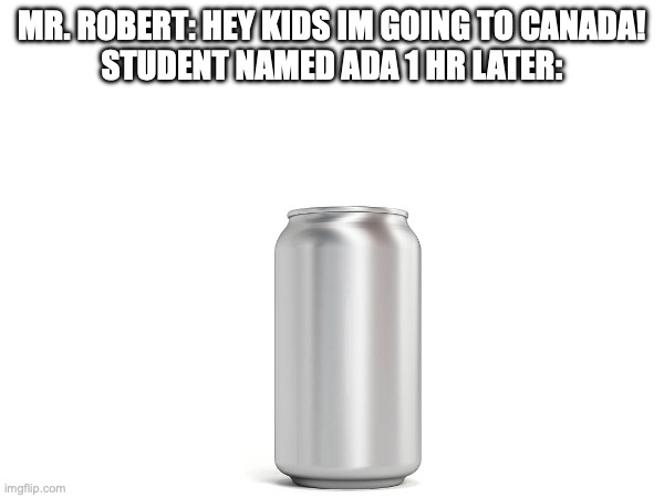 can ada! | MR. ROBERT: HEY KIDS IM GOING TO CANADA!
STUDENT NAMED ADA 1 HR LATER: | image tagged in tag | made w/ Imgflip meme maker