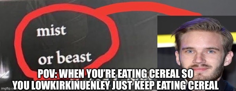 cereal | POV: WHEN YOU’RE EATING CEREAL SO YOU LOWKIRKINUENLEY JUST KEEP EATING CEREAL | image tagged in memes,funny,funny memes,fun,meme,funny meme | made w/ Imgflip meme maker