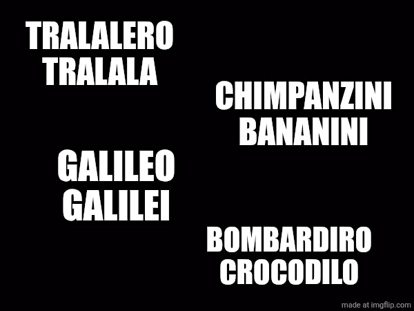 TRALALERO TRALALA; CHIMPANZINI BANANINI; GALILEO GALILEI; BOMBARDIRO CROCODILO | image tagged in italian brainrot | made w/ Imgflip meme maker