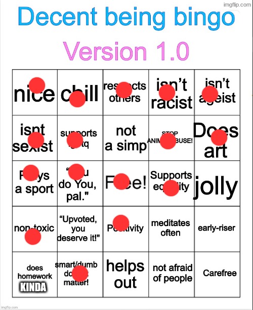 Decent being bingo | KINDA | image tagged in decent being bingo | made w/ Imgflip meme maker