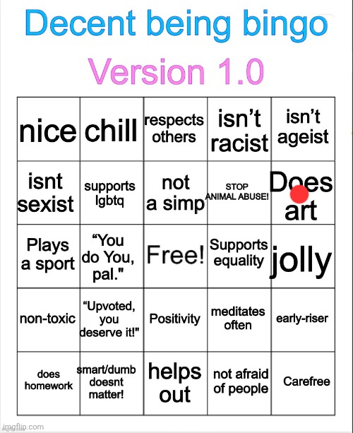 Decent being bingo | image tagged in decent being bingo | made w/ Imgflip meme maker