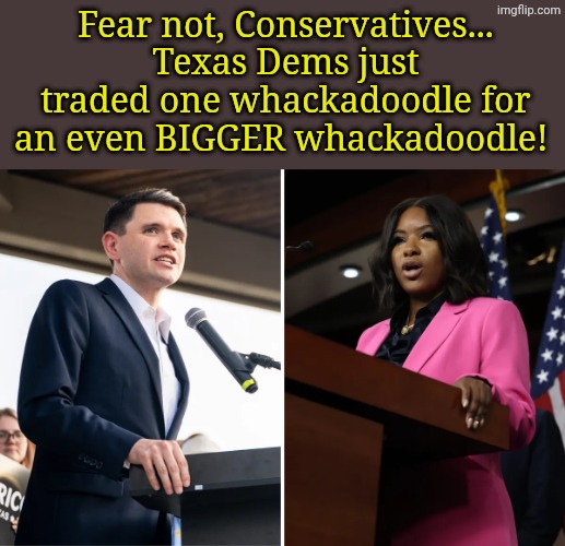 New fodder - Just released! | Fear not, Conservatives... Texas Dems just traded one whackadoodle for an even BIGGER whackadoodle! | made w/ Imgflip meme maker