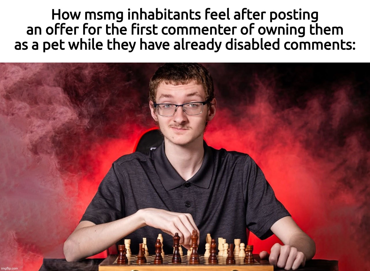 extremely ancientest trick in the book | How msmg inhabitants feel after posting an offer for the first commenter of owning them as a pet while they have already disabled comments: | image tagged in smirking chess guy | made w/ Imgflip meme maker