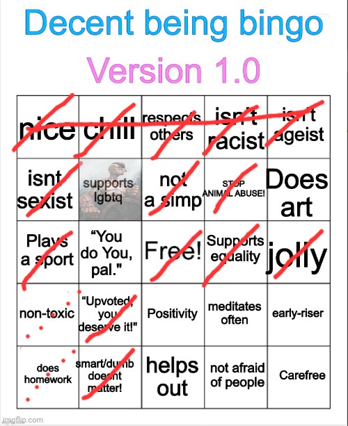 Decent being bingo | image tagged in decent being bingo | made w/ Imgflip meme maker
