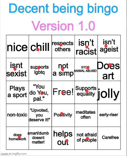 Decent being bingo | image tagged in decent being bingo | made w/ Imgflip meme maker