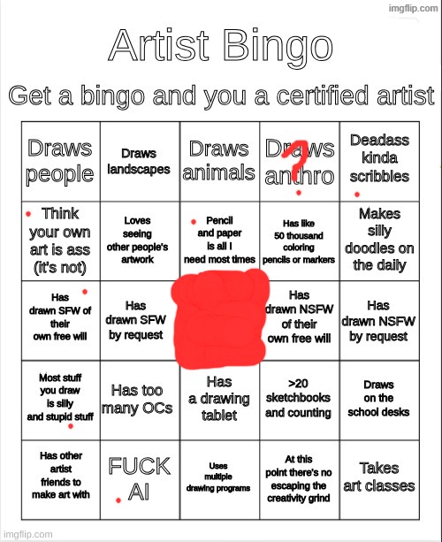 that ? is bc idk what anthro is | image tagged in artist bingo | made w/ Imgflip meme maker