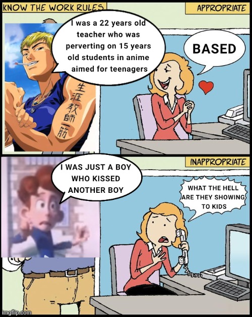 Ofcourse a man being man right? | image tagged in hello human resources,anime,bigotry,homophobic | made w/ Imgflip meme maker