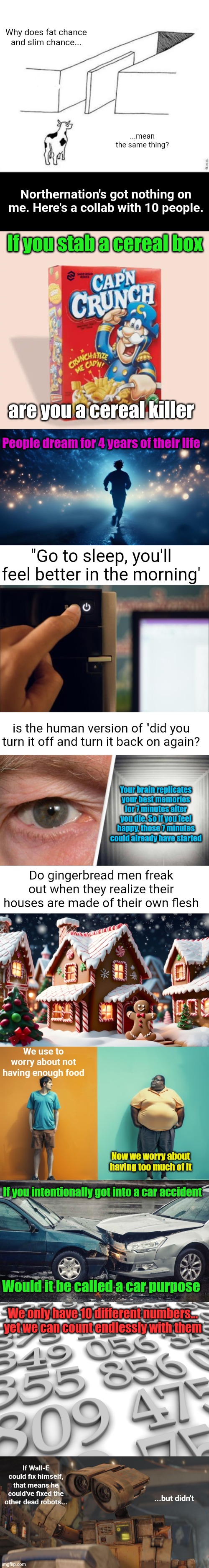 Now this is def the biggest collab | Why does fat chance and slim chance... ...mean the same thing? Northernation's got nothing on me. Here's a collab with 10 people. If you stab a cereal box; are you a cereal killer; People dream for 4 years of their life; "Go to sleep, you'll feel better in the morning'; is the human version of "did you turn it off and turn it back on again? Your brain replicates your best memories for 7 minutes after you die. So if you feel happy, those 7 minutes could already have started; Do gingerbread men freak out when they realize their houses are made of their own flesh; We use to worry about not having enough food; Now we worry about having too much of it; If you intentionally got into a car accident; Would it be called a car purpose; We only have 10 different numbers... yet we can count endlessly with them; If Wall-E could fix himself, that means he could've fixed the other dead robots... ...but didn't | image tagged in shower thoughts,collaboration,users,collab,event,memes | made w/ Imgflip meme maker