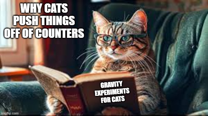 Why cats push things off of counters explained. | WHY CATS PUSH THINGS OFF OF COUNTERS; GRAVITY EXPERIMENTS FOR CATS | image tagged in cat,kittens,funny,humor,gravity,experiment | made w/ Imgflip meme maker