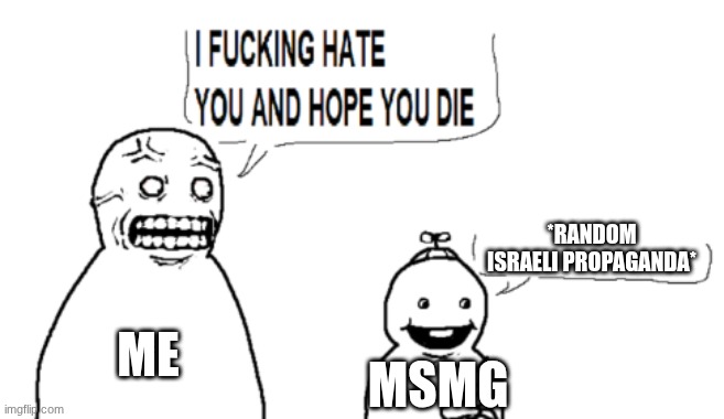 I HATE YOU AND HOPE YOU DIE | ME *RANDOM ISRAELI PROPAGANDA* MSMG | image tagged in i hate you and hope you die | made w/ Imgflip meme maker