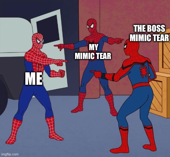 Spider Man Triple | THE BOSS MIMIC TEAR; MY MIMIC TEAR; ME | image tagged in spider man triple | made w/ Imgflip meme maker