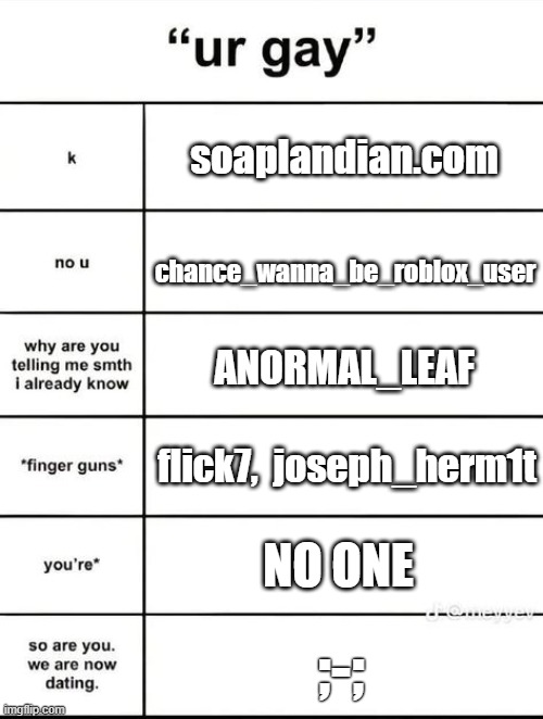 does this should be marked NSFW? [not sure] | soaplandian.com; chance_wanna_be_roblox_user; ANORMAL_LEAF; flick7,  joseph_herm1t; NO ONE; ;-; | image tagged in ur gay thingy | made w/ Imgflip meme maker