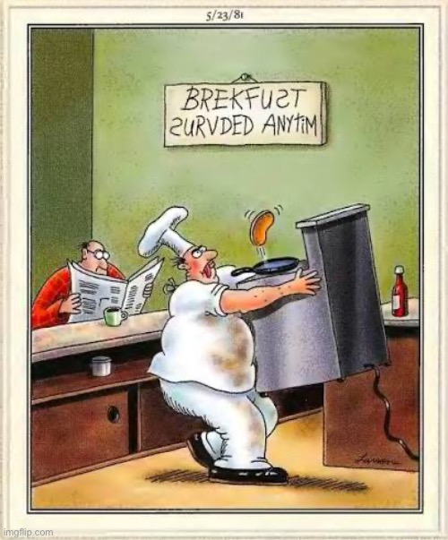 This place offers “special” service… | image tagged in the far side,comics,diner,pancakes,oven,flip | made w/ Imgflip meme maker