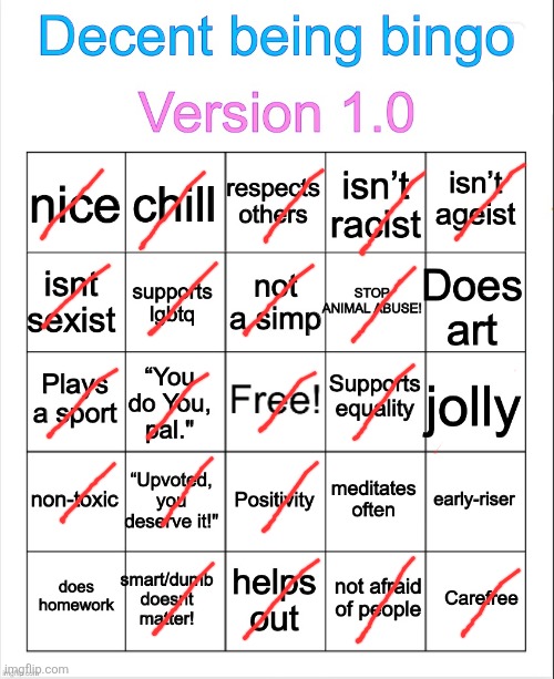 Decent being bingo | image tagged in decent being bingo | made w/ Imgflip meme maker