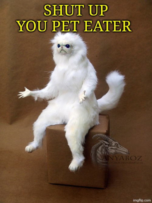 Persian Cat Room Guardian Single Meme | SHUT UP YOU PET EATER | image tagged in memes,persian cat room guardian single | made w/ Imgflip meme maker