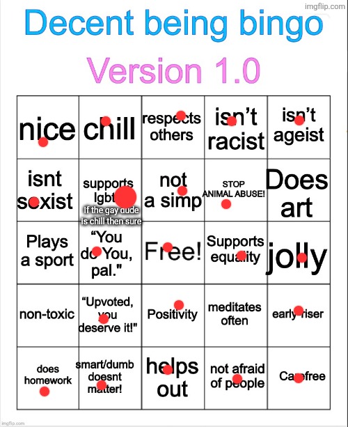 Decent being bingo | If the gay dude is chill then sure | image tagged in decent being bingo | made w/ Imgflip meme maker