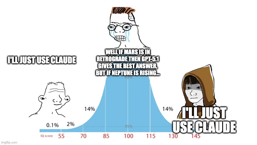 Midwit memes | WELL IF MARS IS IN RETROGRADE THEN GPT-5.1 GIVES THE BEST ANSWER, BUT IF NEPTUNE IS RISING... I'LL JUST USE CLAUDE; I'LL JUST USE CLAUDE | image tagged in midwit memes | made w/ Imgflip meme maker