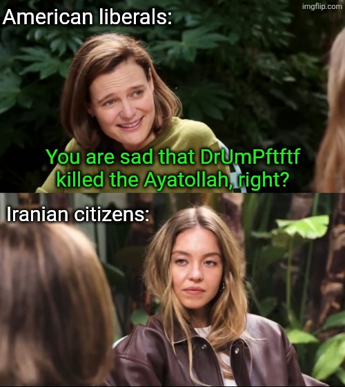 no one cared to think about the hijab industry | American liberals:; You are sad that DrUmPftftf killed the Ayatollah, right? Iranian citizens: | image tagged in sydney sweeney jeans,political meme | made w/ Imgflip meme maker