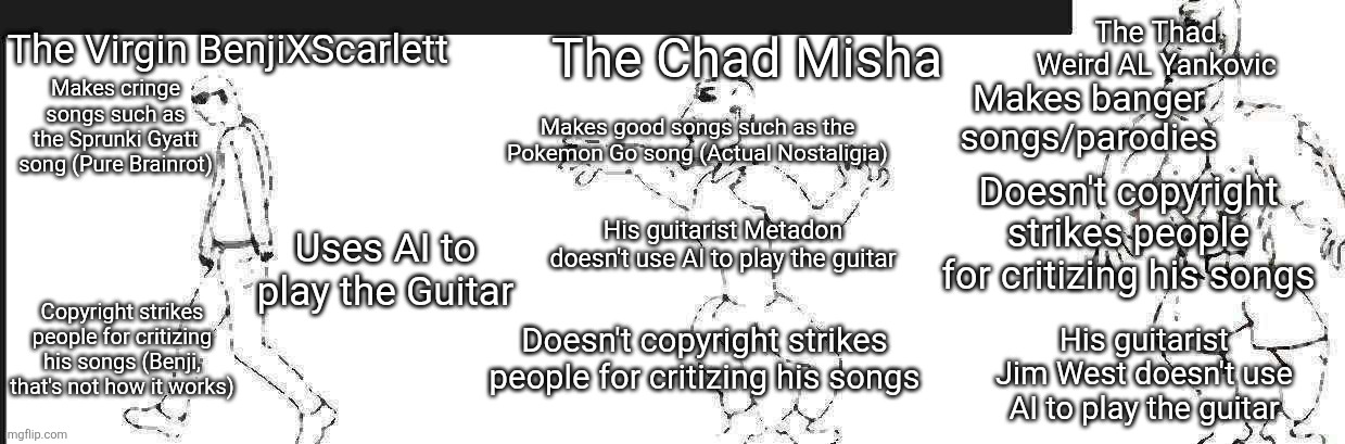 Thad Vs Chad Vs Virgin | The Chad Misha; The Thad Weird AL Yankovic; The Virgin BenjiXScarlett; Makes cringe songs such as the Sprunki Gyatt song (Pure Brainrot); Makes banger songs/parodies; Makes good songs such as the Pokemon Go song (Actual Nostaligia); Doesn't copyright strikes people for critizing his songs; His guitarist Metadon doesn't use AI to play the guitar; Uses AI to play the Guitar; Copyright strikes people for critizing his songs (Benji, that's not how it works); Doesn't copyright strikes people for critizing his songs; His guitarist Jim West doesn't use AI to play the guitar | image tagged in thad vs chad vs virgin | made w/ Imgflip meme maker