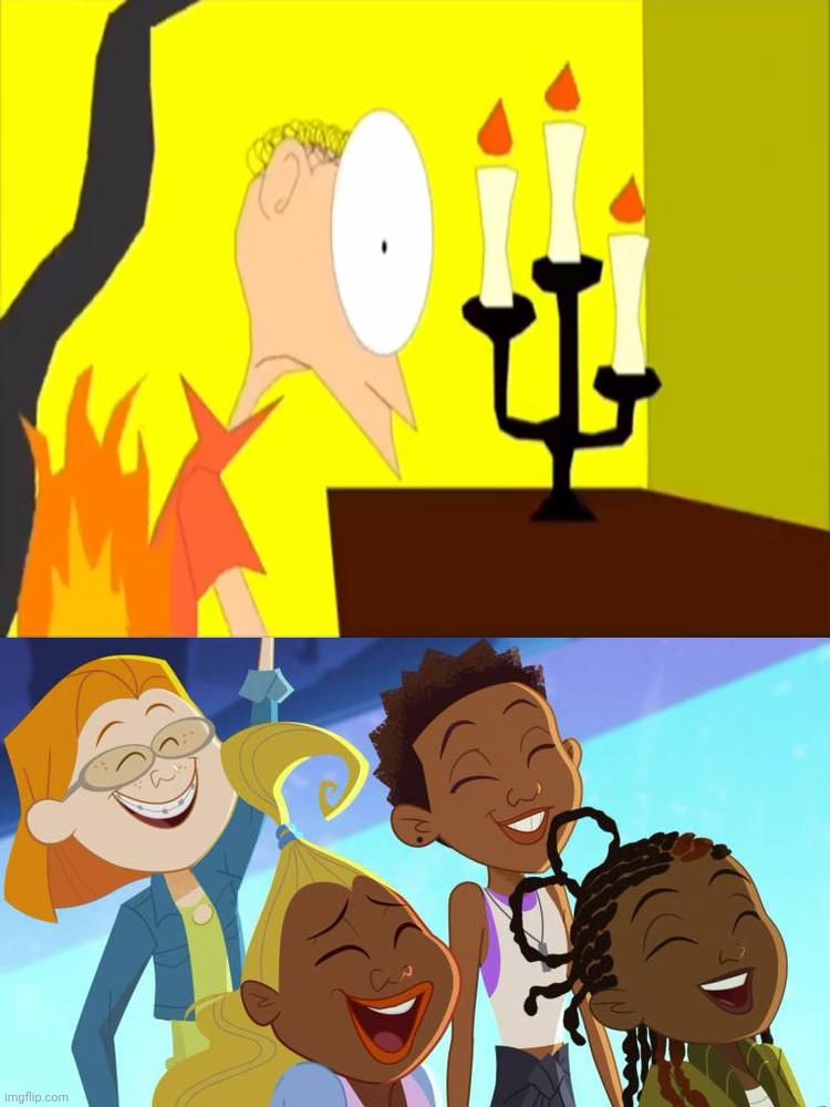 Maya, Michael, Dijonay and Zoey Laugh at Matthew's clothes on fire | image tagged in maya michael dijonay and zoey laugh at who,deviantart,crossover,disney,disney channel | made w/ Imgflip meme maker