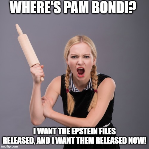 Angry Woman Hunting Pam Bondi | WHERE'S PAM BONDI? I WANT THE EPSTEIN FILES RELEASED, AND I WANT THEM RELEASED NOW! | image tagged in angry woman,rolling pin,i hate pam bondi,i hate maga | made w/ Imgflip meme maker