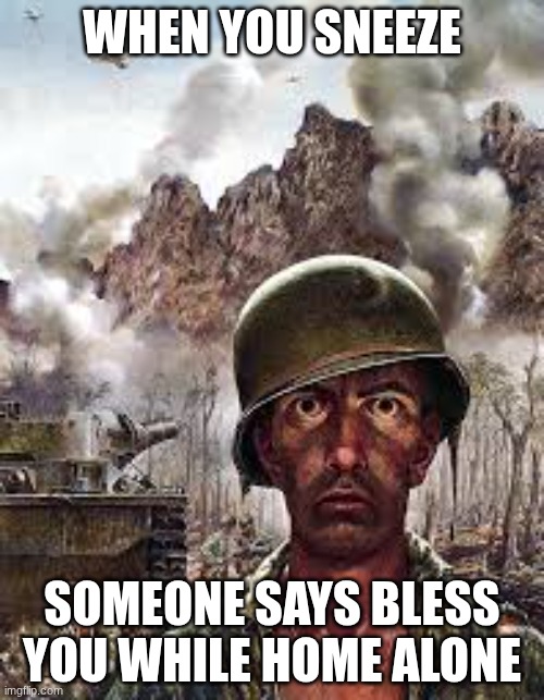 thank you | WHEN YOU SNEEZE; SOMEONE SAYS BLESS YOU WHILE HOME ALONE | image tagged in thousand yard stare | made w/ Imgflip meme maker