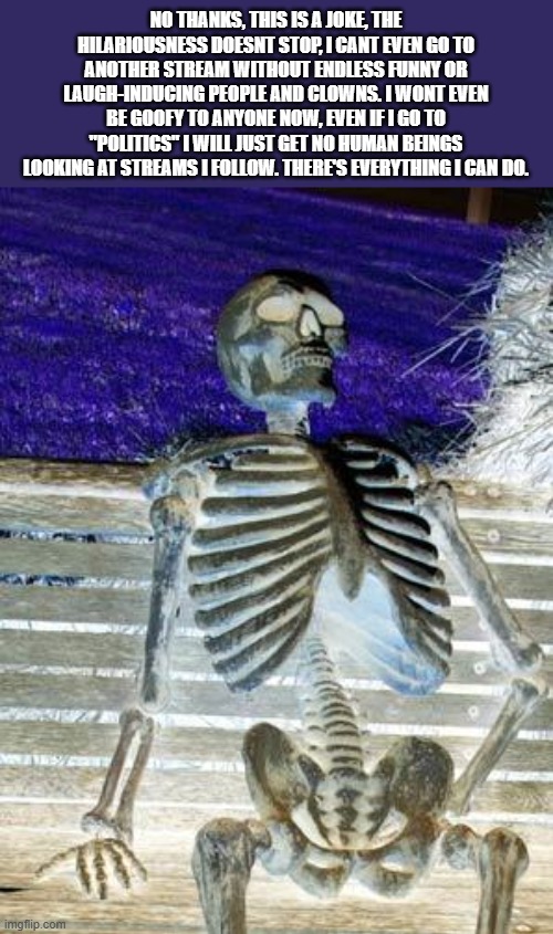 copy and paste this to annoy msmg!!!!! | NO THANKS, THIS IS A JOKE, THE HILARIOUSNESS DOESNT STOP, I CANT EVEN GO TO ANOTHER STREAM WITHOUT ENDLESS FUNNY OR LAUGH-INDUCING PEOPLE AND CLOWNS. I WONT EVEN BE GOOFY TO ANYONE NOW, EVEN IF I GO TO "POLITICS" I WILL JUST GET NO HUMAN BEINGS LOOKING AT STREAMS I FOLLOW. THERE'S EVERYTHING I CAN DO. | image tagged in memes,waiting skeleton | made w/ Imgflip meme maker