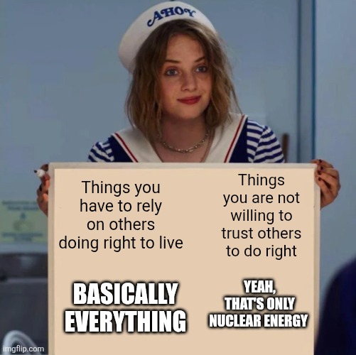Robin Stranger Things Meme | Things you are not willing to trust others to do right; Things you have to rely on others doing right to live; YEAH, THAT'S ONLY NUCLEAR ENERGY; BASICALLY EVERYTHING | image tagged in robin stranger things meme | made w/ Imgflip meme maker