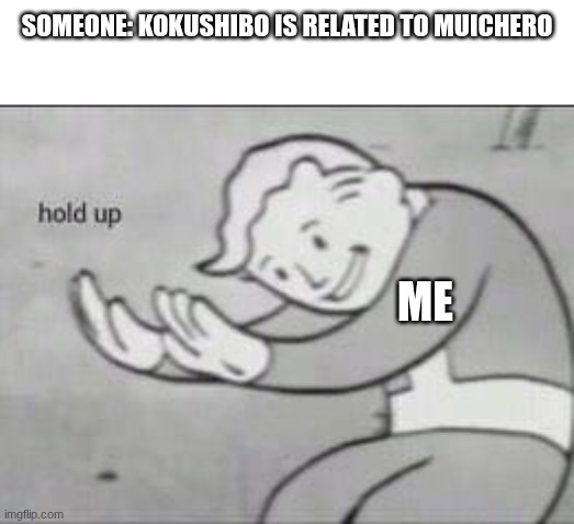 SPOLER ALERT | SOMEONE: KOKUSHIBO IS RELATED TO MUICHERO; ME | image tagged in fallout hold up,demon slayer | made w/ Imgflip meme maker