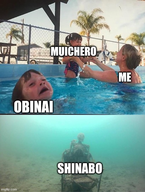 I dislike shinabo | MUICHERO; ME; OBINAI; SHINABO | image tagged in sinking skeleton,demon slayer | made w/ Imgflip meme maker