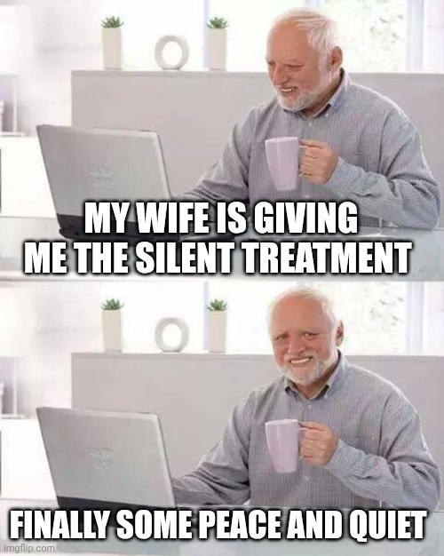 Hide the Pain Harold | MY WIFE IS GIVING ME THE SILENT TREATMENT; FINALLY SOME PEACE AND QUIET | image tagged in memes,hide the pain harold | made w/ Imgflip meme maker