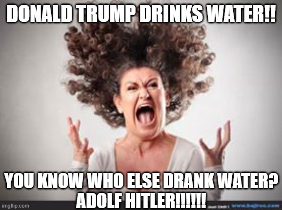 Crazy woman | DONALD TRUMP DRINKS WATER!! YOU KNOW WHO ELSE DRANK WATER?
ADOLF HITLER!!!!!! | image tagged in crazy woman | made w/ Imgflip meme maker