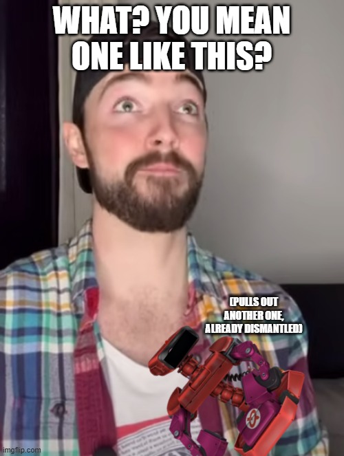 WHAT? YOU MEAN ONE LIKE THIS? (PULLS OUT ANOTHER ONE, ALREADY DISMANTLED) | image tagged in frank leigh | made w/ Imgflip meme maker
