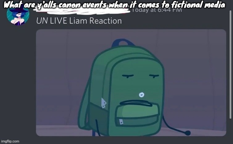 The video where this image comes from is mine lowk | What are y'alls canon events when it comes to fictional media | image tagged in un live liam reaction | made w/ Imgflip meme maker