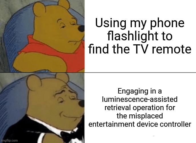 Real | Using my phone flashlight to find the TV remote; Engaging in a luminescence-assisted retrieval operation for the misplaced entertainment device controller | image tagged in memes,tuxedo winnie the pooh | made w/ Imgflip meme maker
