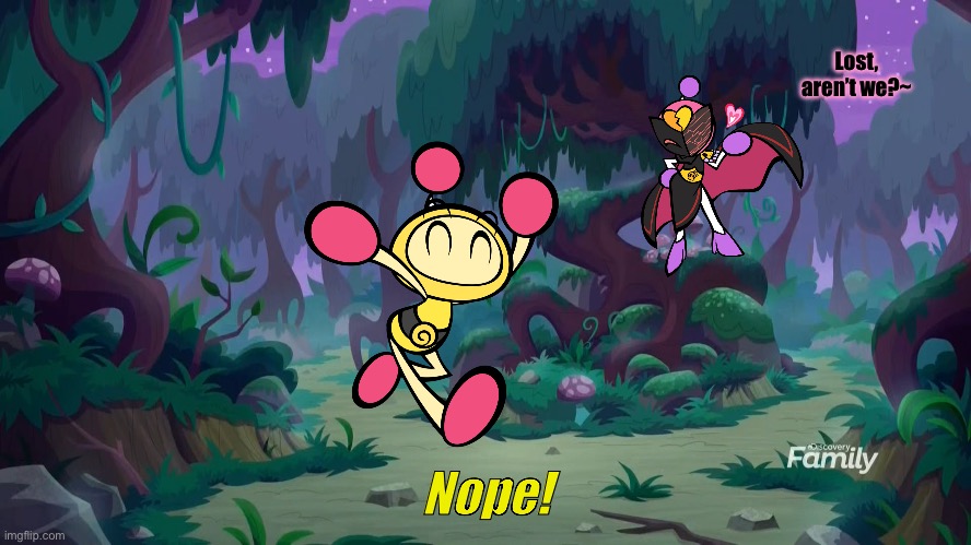 Yellow Bomber in Tummyland: Cheshire Karaoke scene | Lost, aren’t we?~; Nope! | image tagged in mlp forest,bomberman | made w/ Imgflip meme maker