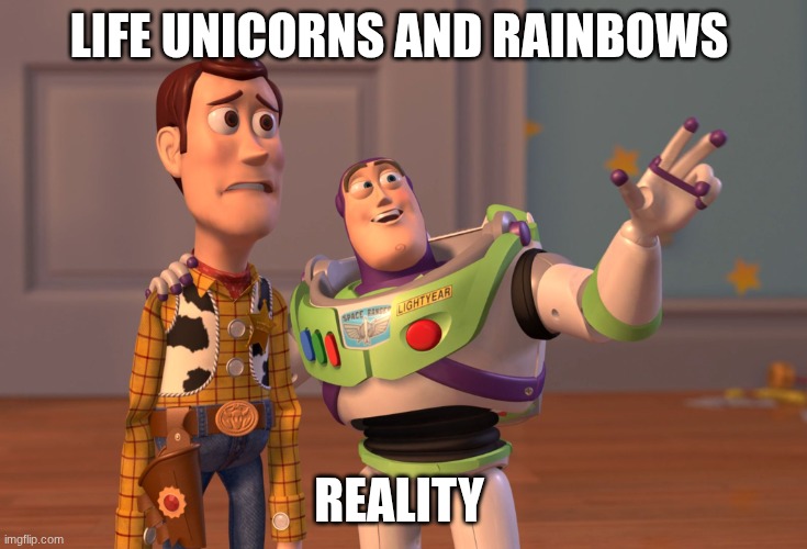 X, X Everywhere Meme | LIFE UNICORNS AND RAINBOWS; REALITY | image tagged in memes,x x everywhere | made w/ Imgflip meme maker