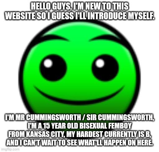 Normal Difficulty Face | HELLO GUYS, I'M NEW TO THIS WEBSITE SO I GUESS I'LL INTRODUCE MYSELF. I'M MR CUMMINGSWORTH / SIR CUMMINGSWORTH, I'M A 15 YEAR OLD BISEXUAL FEMBOY FROM KANSAS CITY, MY HARDEST CURRENTLY IS B, AND I CAN'T WAIT TO SEE WHAT'LL HAPPEN ON HERE. | image tagged in normal difficulty face | made w/ Imgflip meme maker