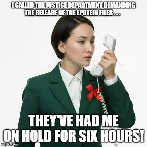 Epstein Files Put On Hold | I CALLED THE JUSTICE DEPARTMENT DEMANDING THE RELEASE OF THE EPSTEIN FILES . . . THEY'VE HAD ME ON HOLD FOR SIX HOURS! | image tagged in woman holding phone receiver,on hold,i hate donald trump,trump sucks,jeffrey epstein | made w/ Imgflip meme maker