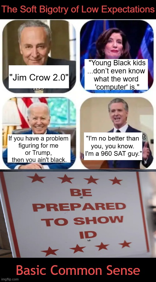 Democrat Disconnect | The Soft Bigotry of Low Expectations; "Young Black kids
...don’t even know 
what the word 
'computer' is."; "Jim Crow 2.0"; If you have a problem 
figuring for me 
or Trump, 
then you ain't black. "I'm no better than 
you, you know. 
I'm a 960 SAT guy."; Basic Common Sense; ____________________________ | image tagged in id,voter fraud,democtrats,bigotry,that's racist,equality | made w/ Imgflip meme maker