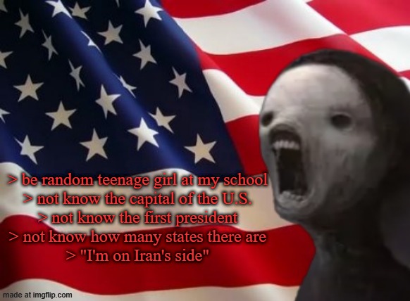 void lazy but patriotic | > be random teenage girl at my school
> not know the capital of the U.S.
> not know the first president
> not know how many states there are
> "I'm on Iran's side" | image tagged in void lazy but patriotic | made w/ Imgflip meme maker