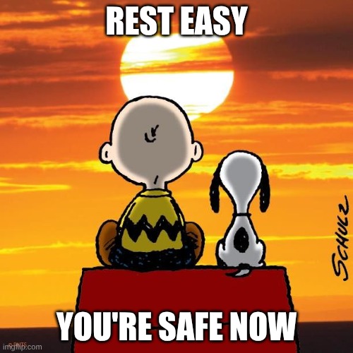 Kristi Noem is Fired | REST EASY; YOU'RE SAFE NOW | image tagged in charlie brown and snoopy,noem | made w/ Imgflip meme maker