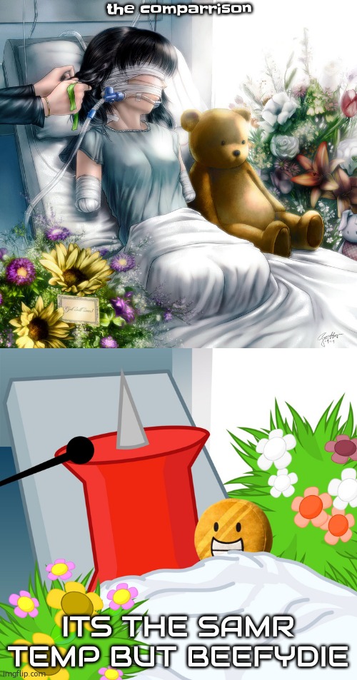 fivrhundred ciggarets | the comparrison; ITS THE SAMR TEMP BUT BEEFYDIE | image tagged in no limbs pin | made w/ Imgflip meme maker